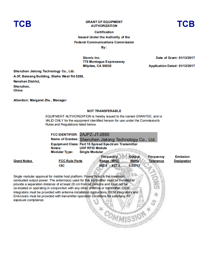 Certificat FCC JT-2850