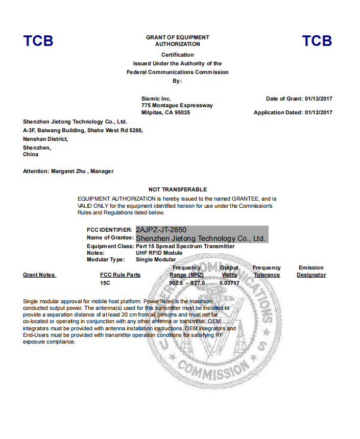 Certificat FCC JT-2850

